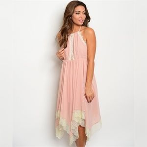 Asymmetrical Blush & Ivory Lace Halter Midi Dress